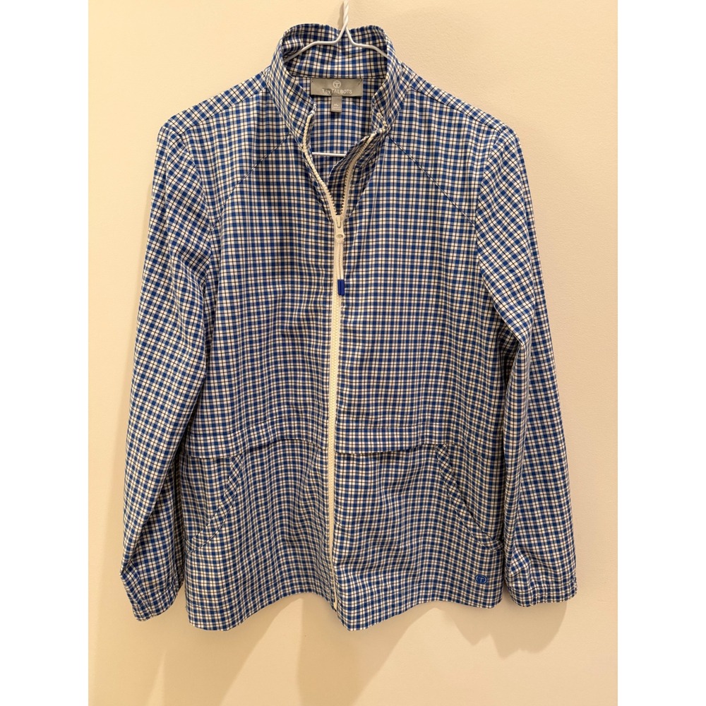T by Talbots Women's Medium Petite Blue White Plaid Full Zip Stretch Jacket